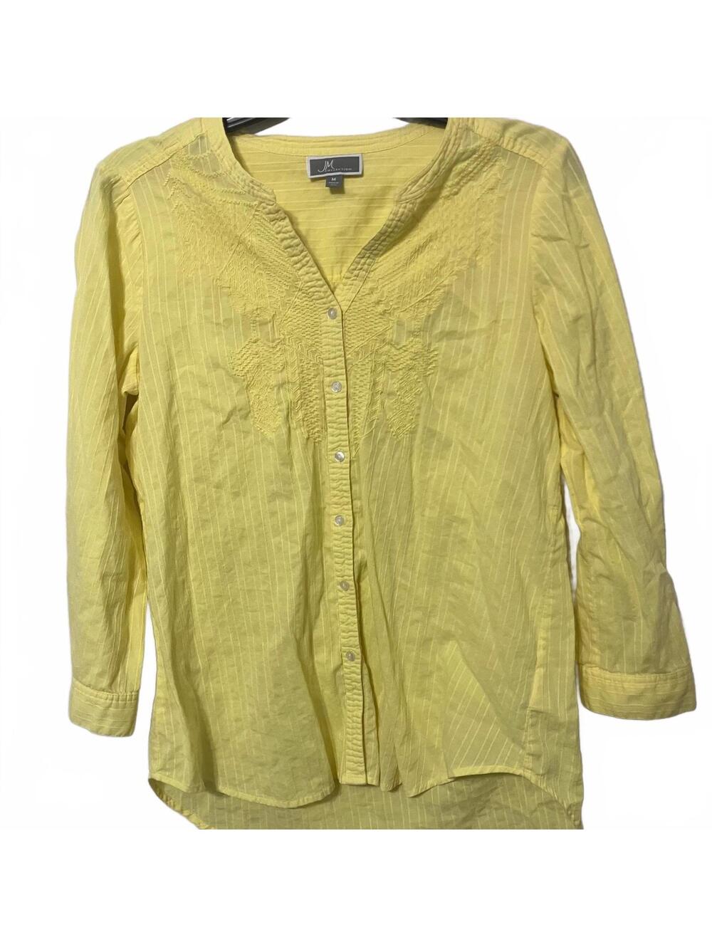 JM Collection Boho Chic Bright Yellow Button-Up Women's Embroidered Top Medium